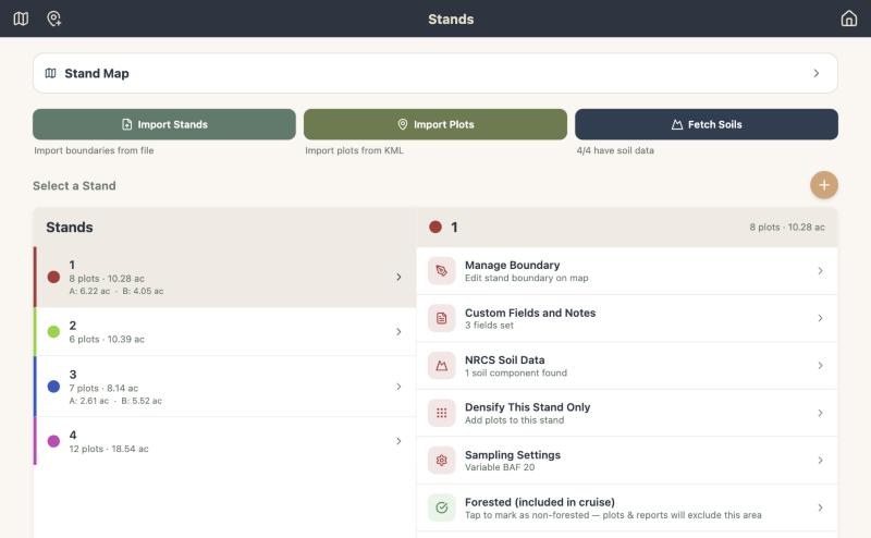 The Stands screen in a web browser: the four stands listed on the left and stand 1's actions on the right