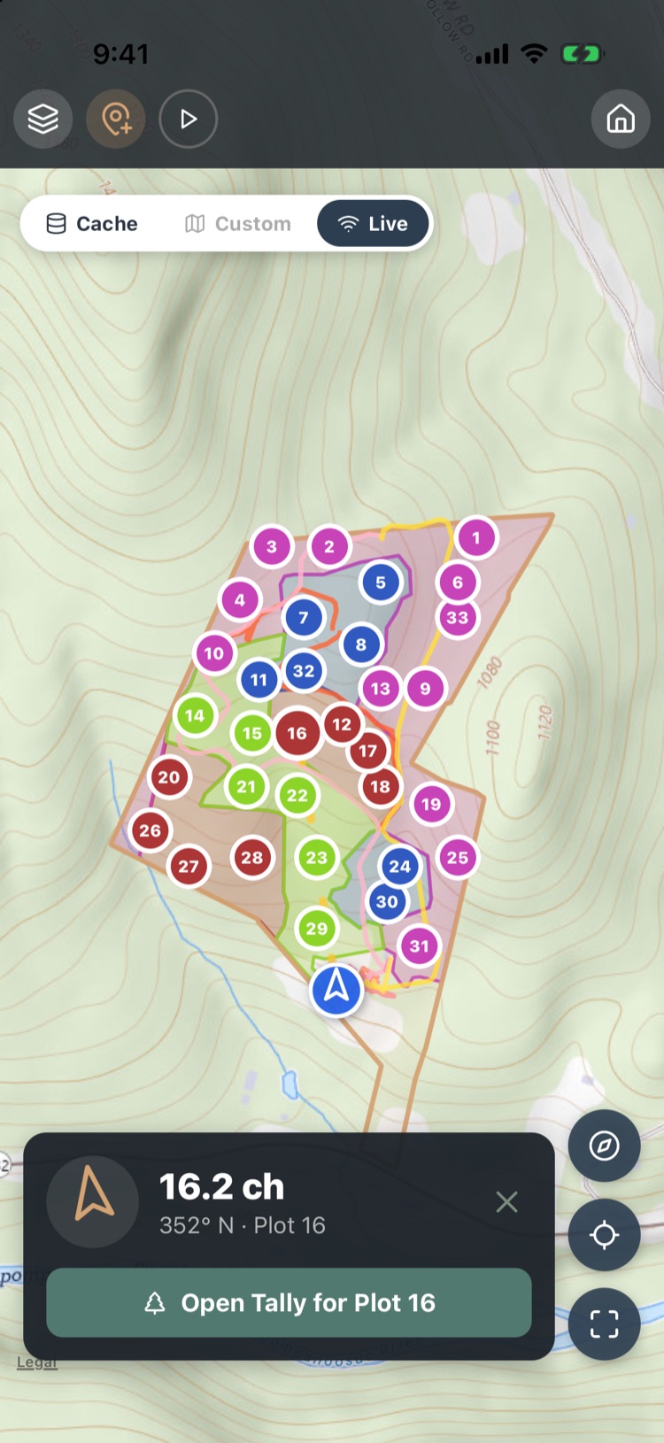 Map navigating to plot 16: 16.2 chains at 352 degrees N, with an Open Tally for Plot 16 button