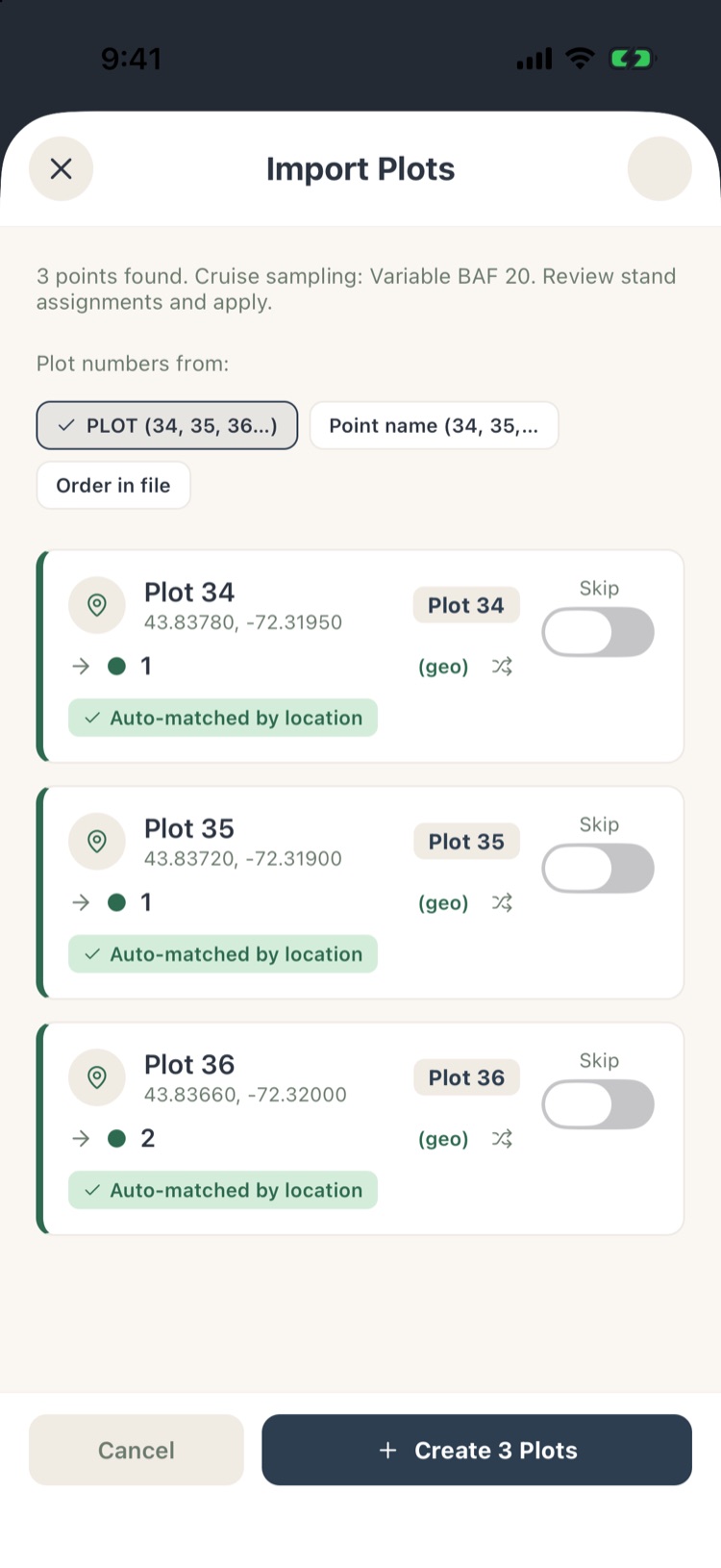 Import Plots: 3 points found; plot numbers from the PLOT field, point name or order in file; plots 34 to 36 each auto-matched to a stand by location, with Skip switches and Create 3 Plots