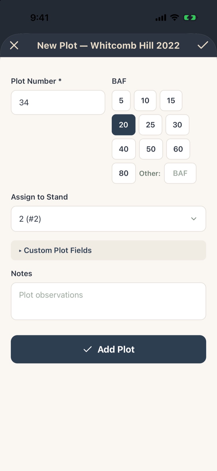 New Plot sheet with plot number 34, BAF 20 selected, stand 2 and notes