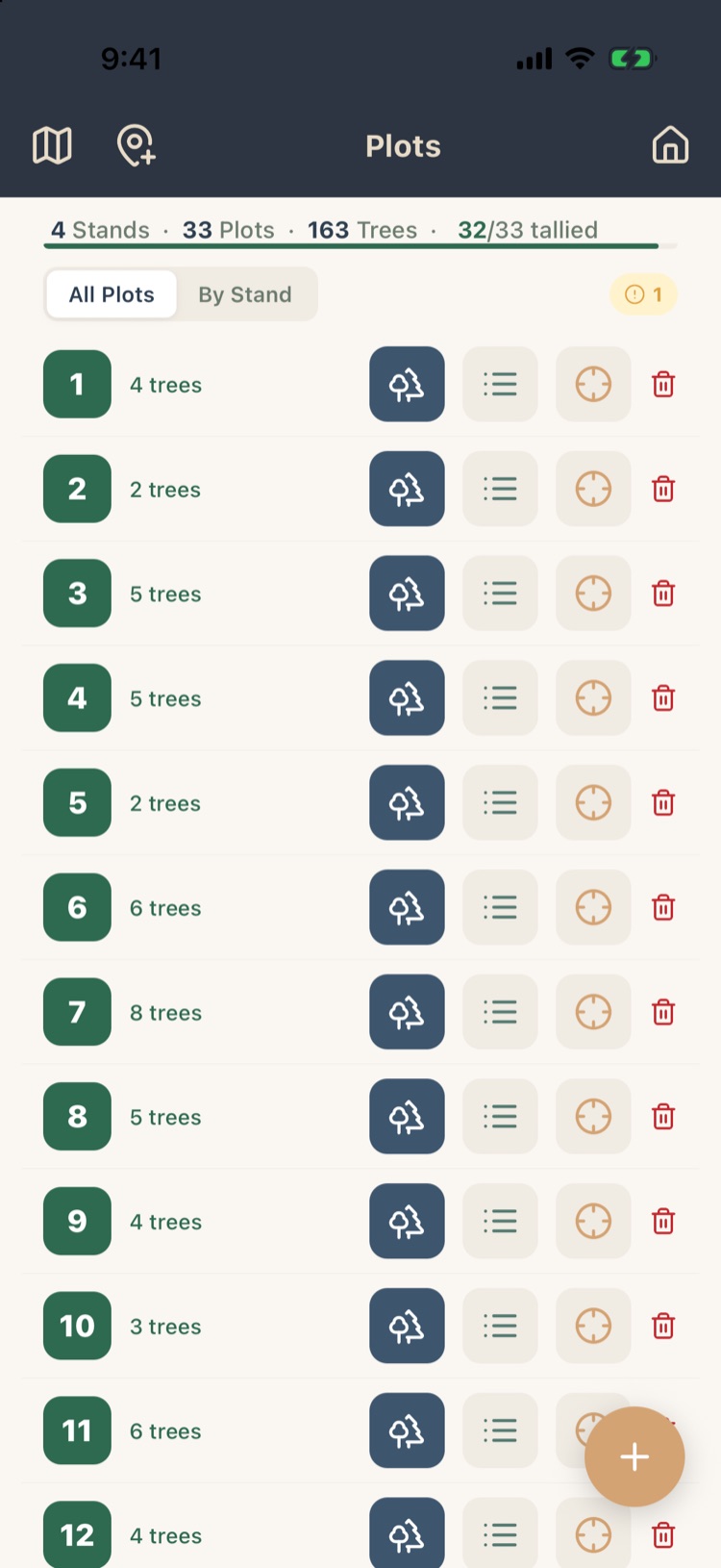 Plots list with totals, All Plots and By Stand filters, and plot rows with four buttons each