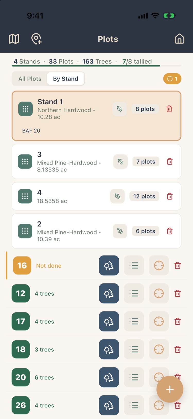 By Stand view with stand cards; the one unfinished plot, 16, is at the top marked Not done
