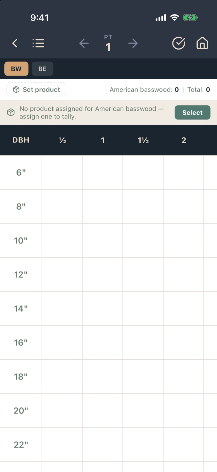 Dot tally grid for basswood with a notice that no product is assigned