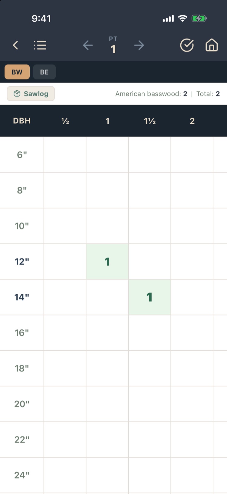 Dot tally grid with one tree at 12 inches 1 log and one at 14 inches 1.5 logs