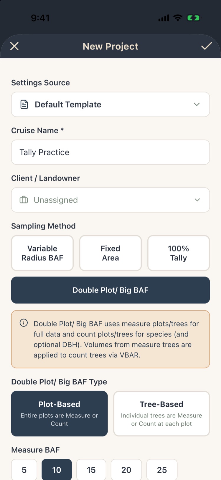 New Project with Double Plot Big BAF selected, plot-based