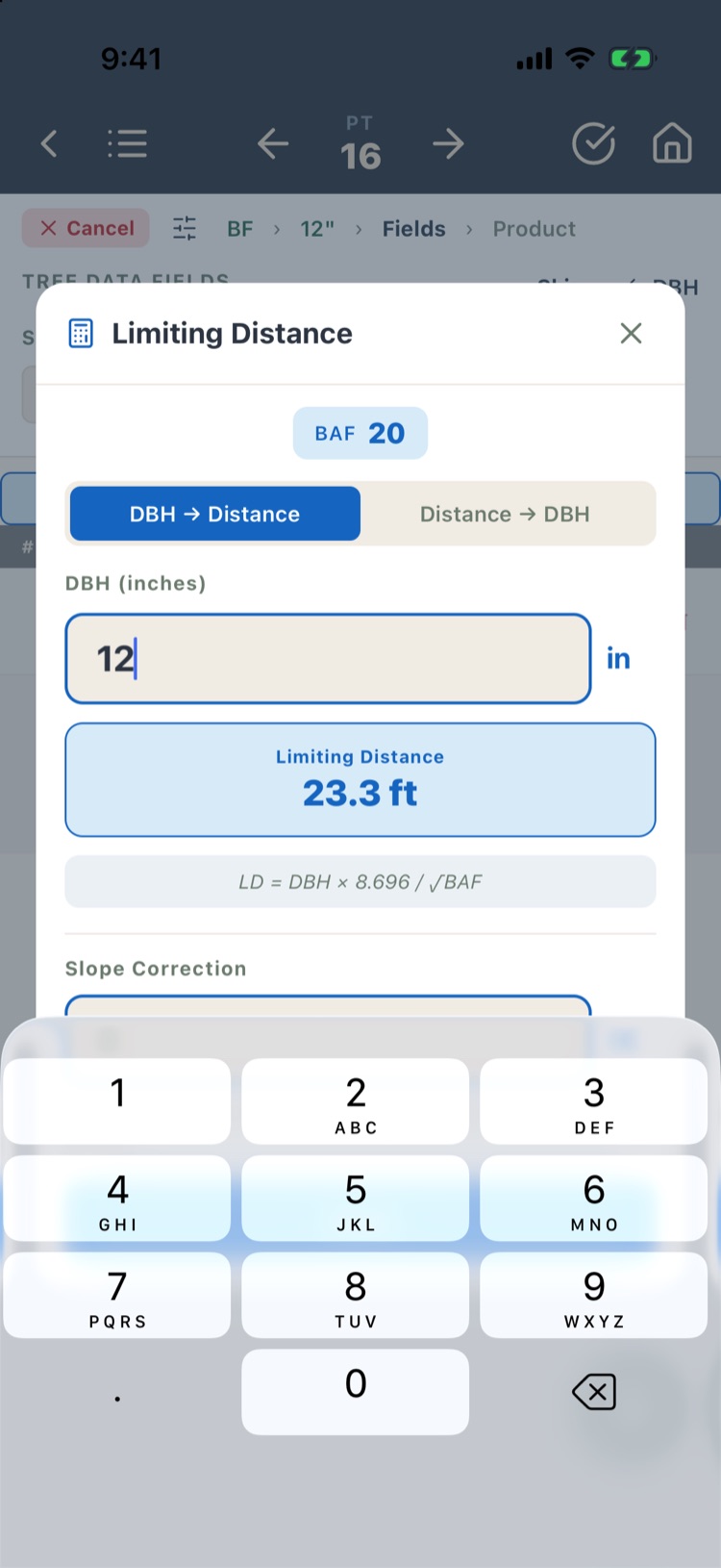 Limiting Distance calculator: BAF 20, DBH 12, limiting distance 23.3 feet, with slope correction