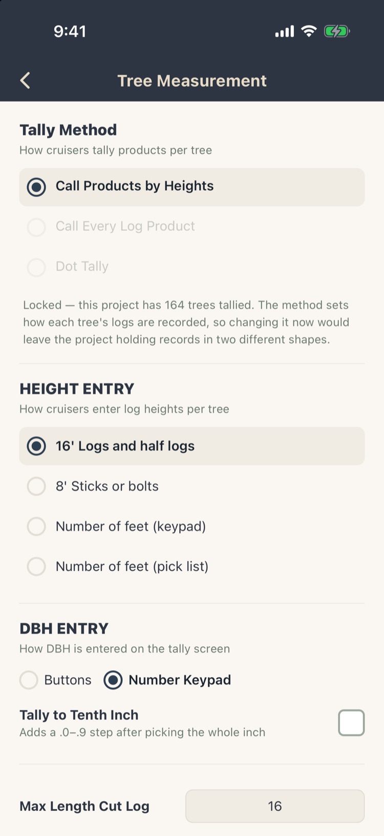 Tree Measurement settings with Call Products by Heights selected and locked because the project has 164 trees