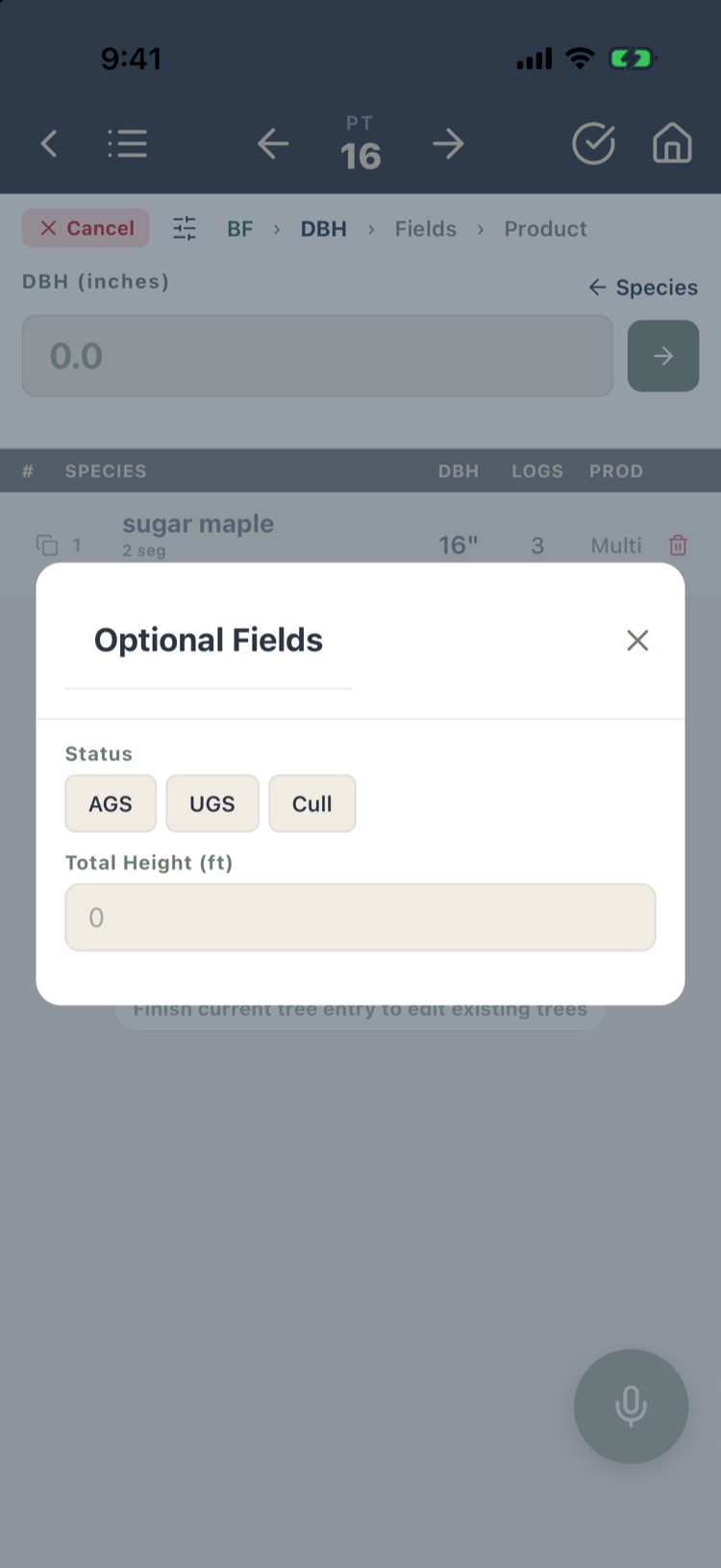Optional Fields sheet with Status and Total Height