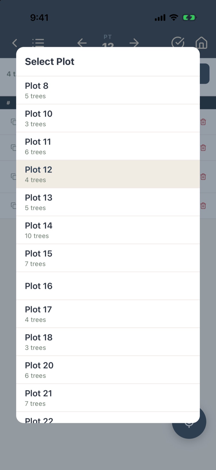 Select Plot list with plot numbers and tree counts