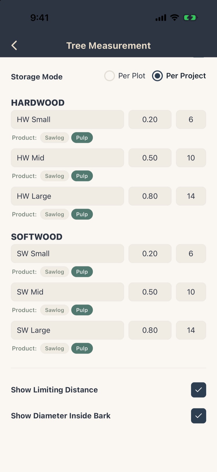 Pulp Clicker settings: storage per plot or per project, and six counters, HW and SW small, mid and large, each with a label, volume per stem, representative DBH and product