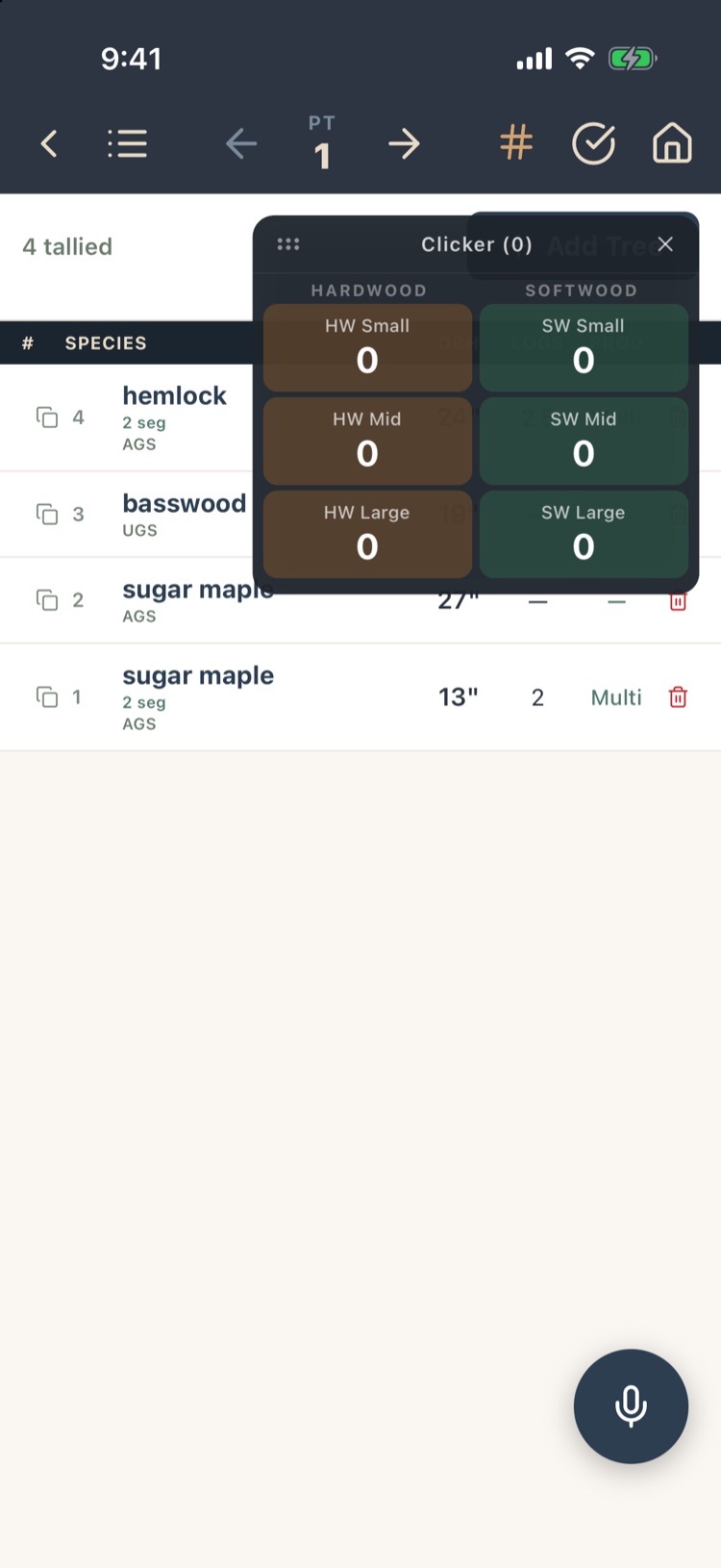 Pulp clicker popover with HW and SW small, mid and large counters at zero