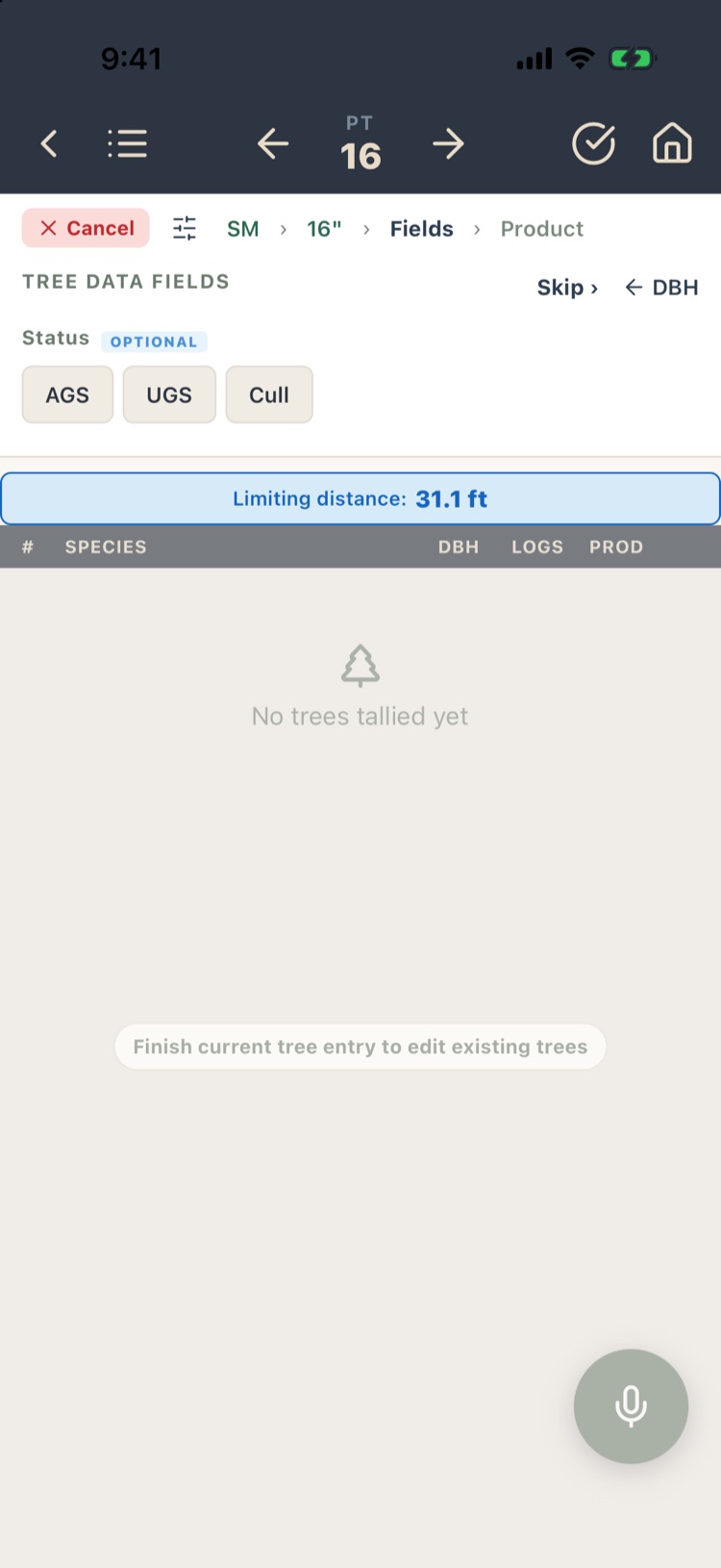 Tree data fields step with Status AGS, UGS, Cull marked optional