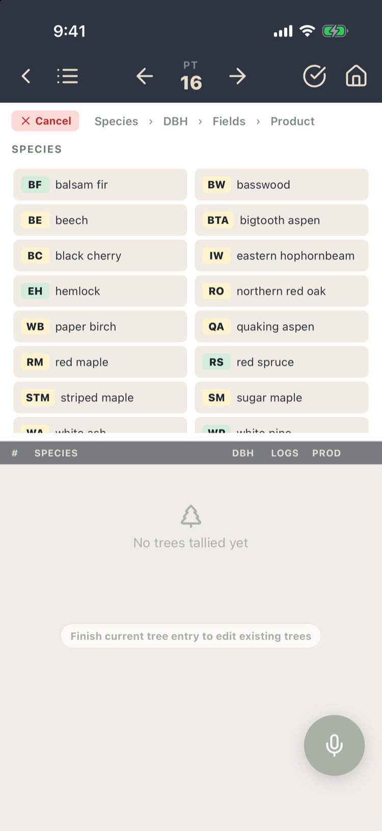 Species step with the species pick list