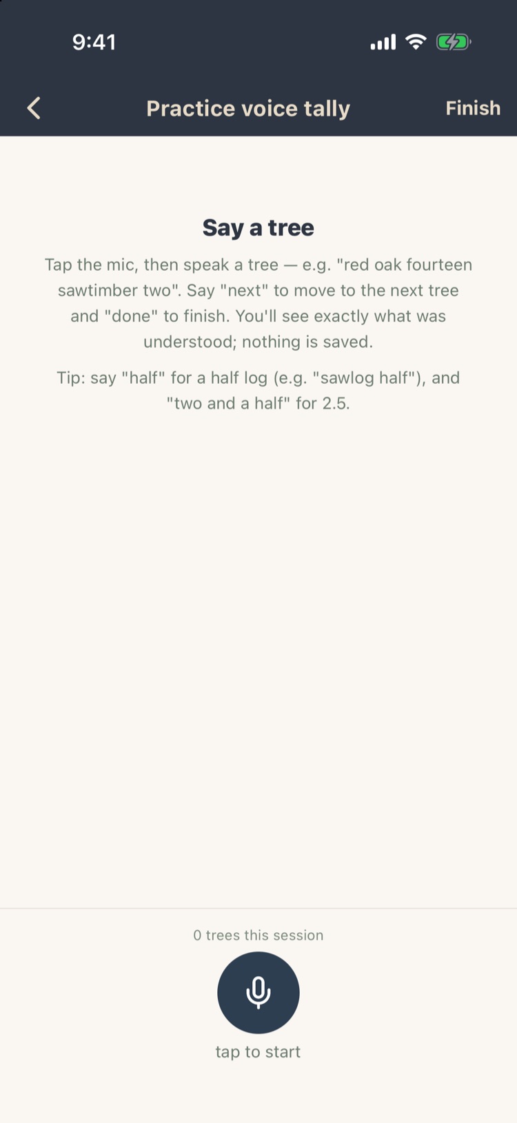 Practice voice tally screen with say a tree instructions and a mic button