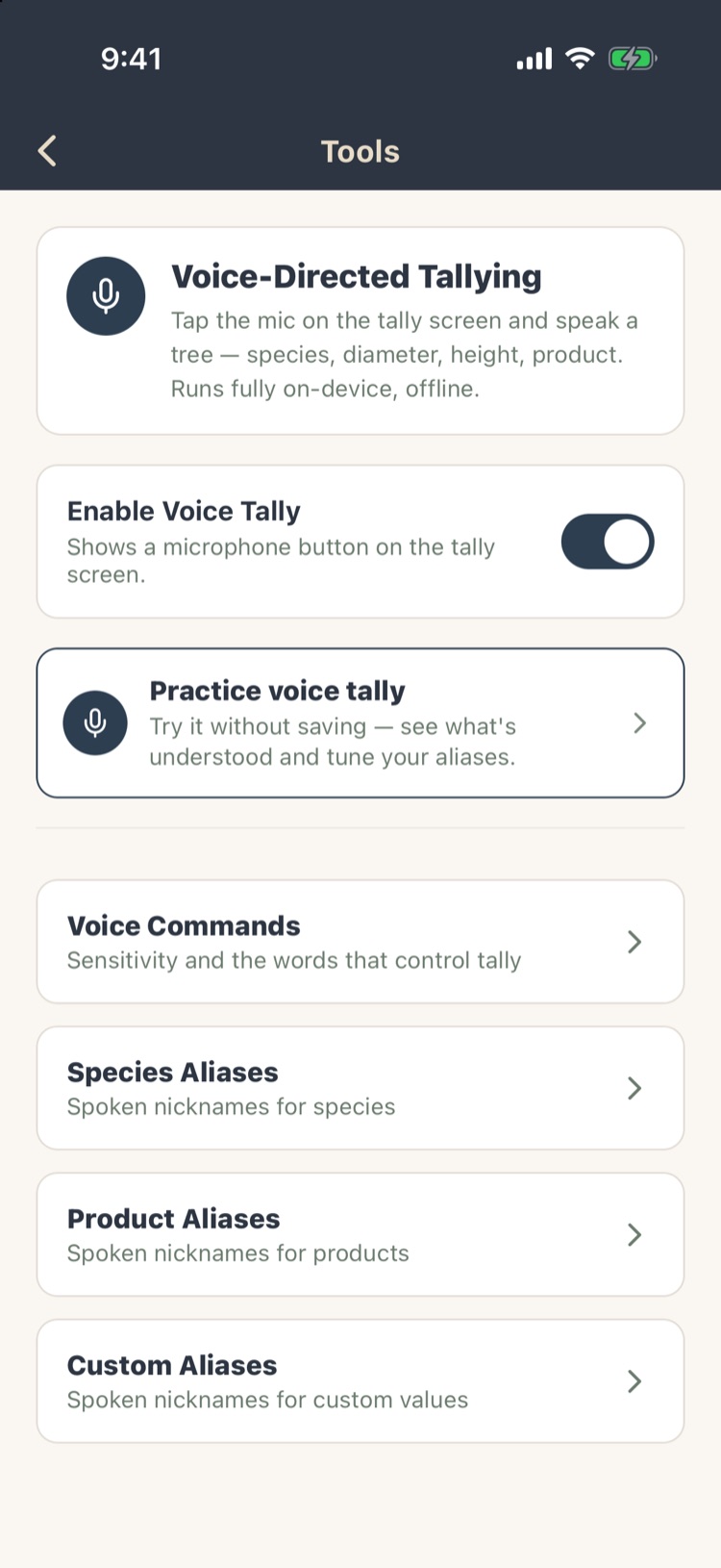 Voice Tally settings with enable switch, practice, commands and alias settings