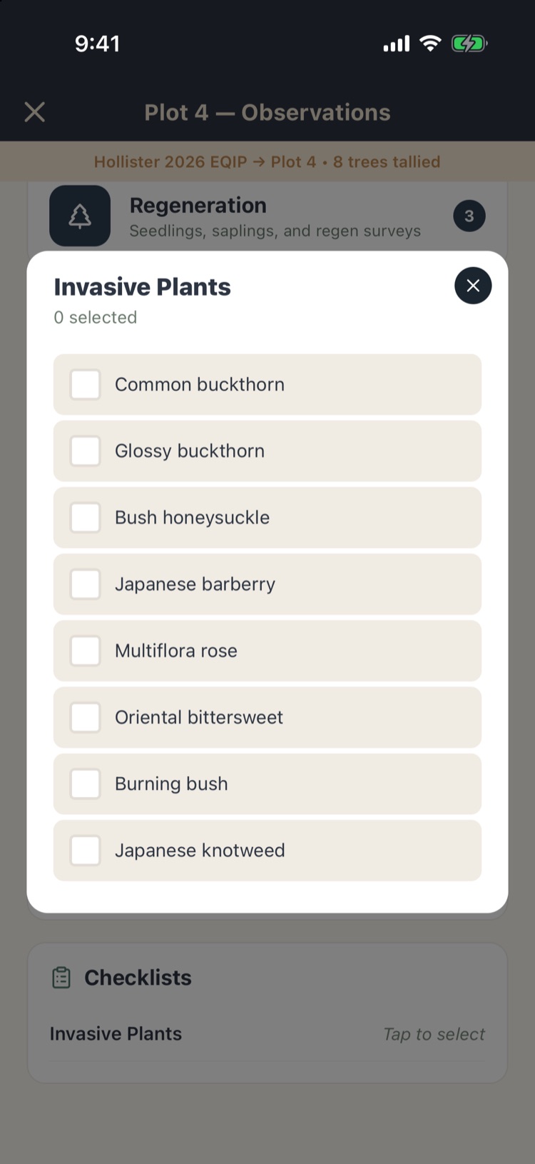 Invasive Plants checklist with common buckthorn, glossy buckthorn, bush honeysuckle and others