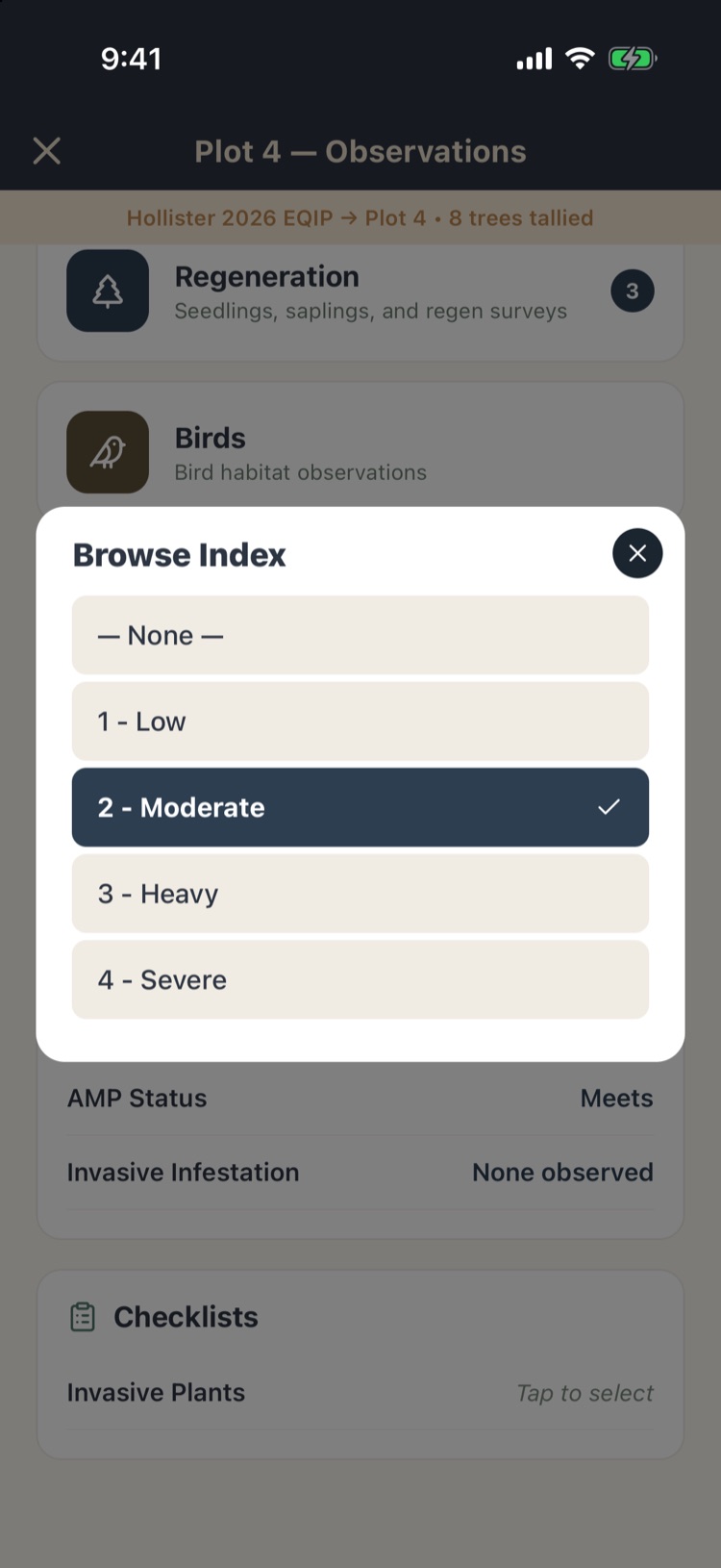 Browse Index picker with None, 1 Low, 2 Moderate (selected), 3 Heavy, 4 Severe