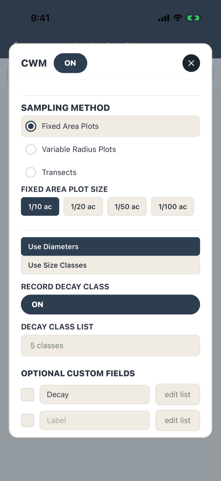 CWM settings: fixed area 1/10 acre, diameters, decay class on with 5 classes