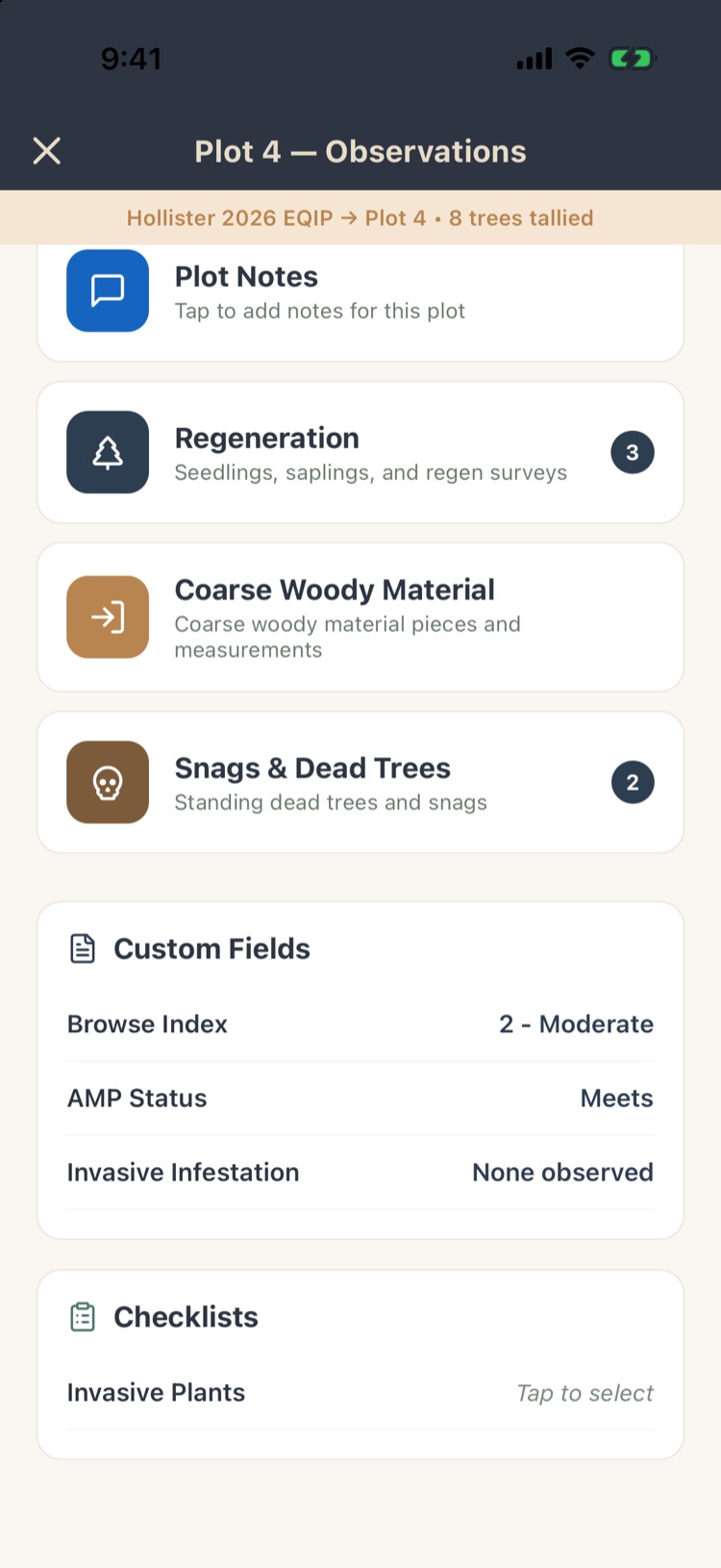 Lower part with custom fields Browse Index, AMP Status, Invasive Infestation and a checklist Invasive Plants