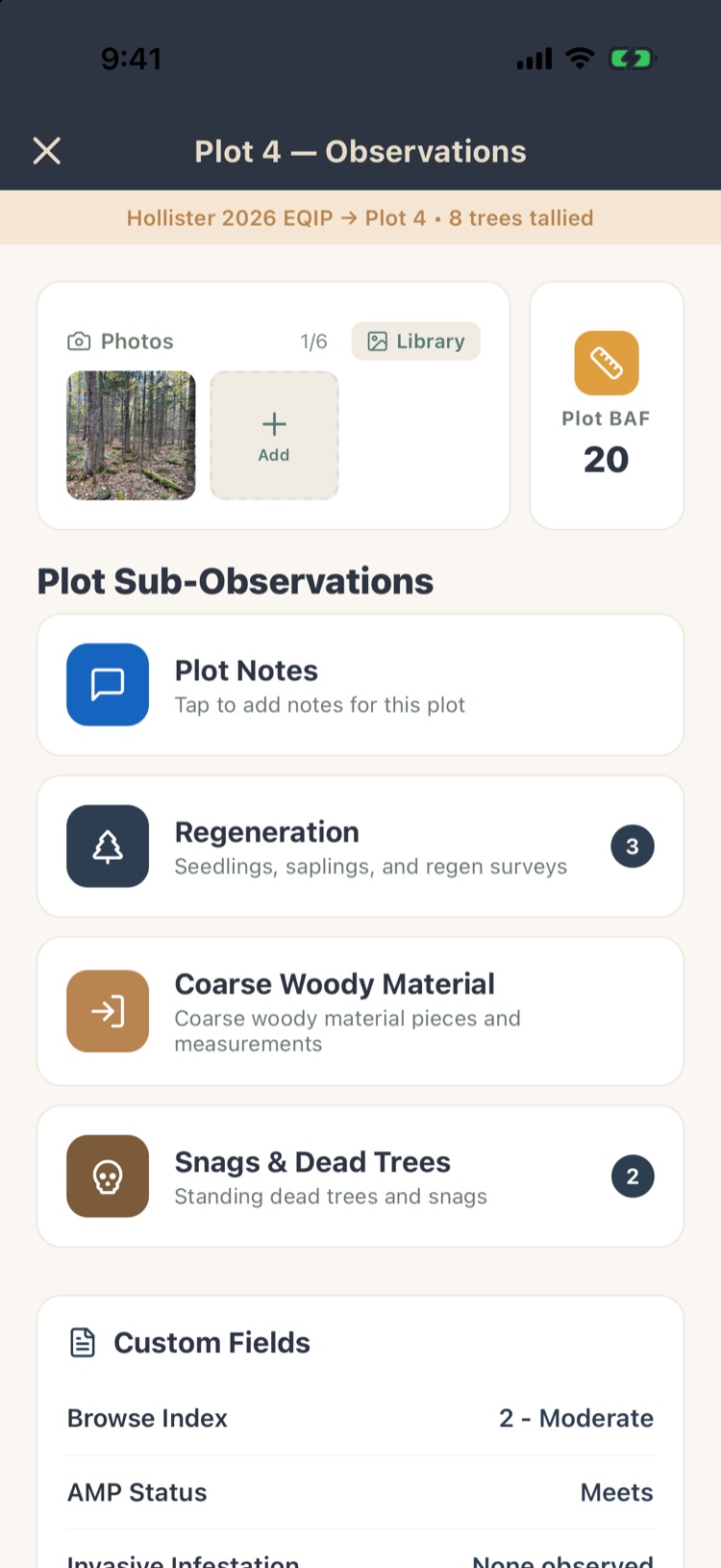 Plot 4 Observations with a photo, Plot BAF 20, and Plot Notes, Regeneration (3), Coarse Woody Material and Snags (2)