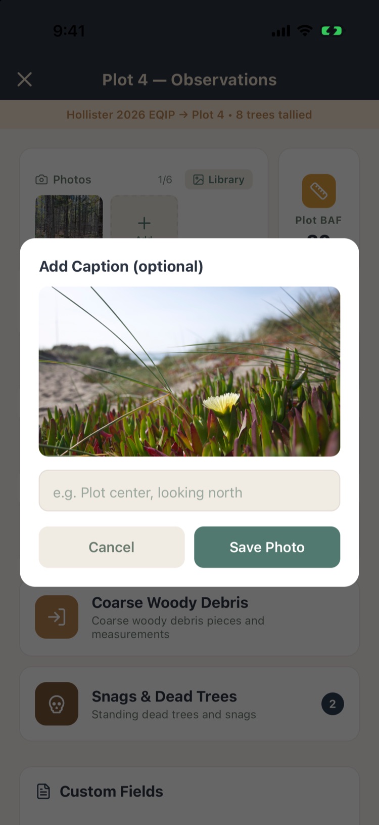 Add Caption dialog with a photo preview, caption box, Cancel and Save Photo