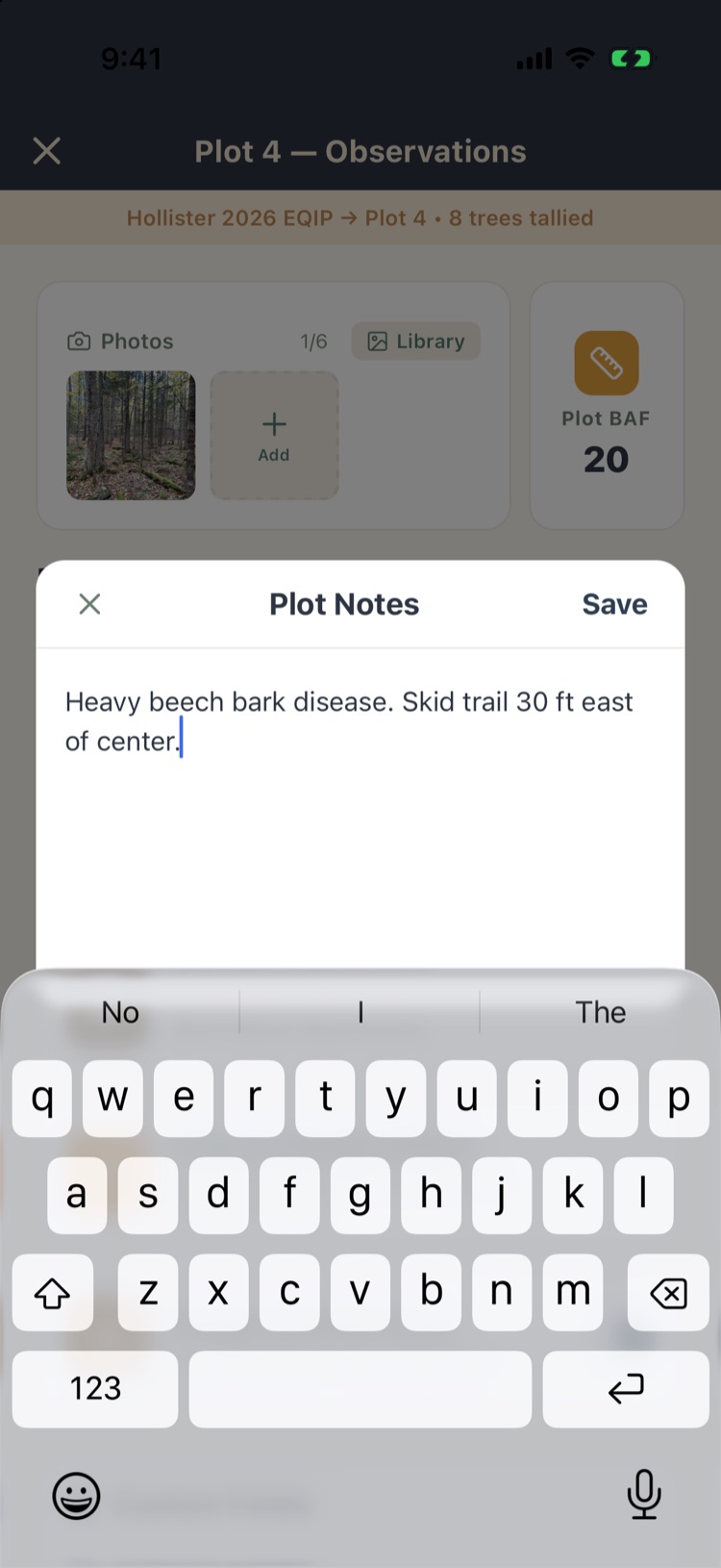 Plot Notes editor with a sample note about beech bark disease and a skid trail