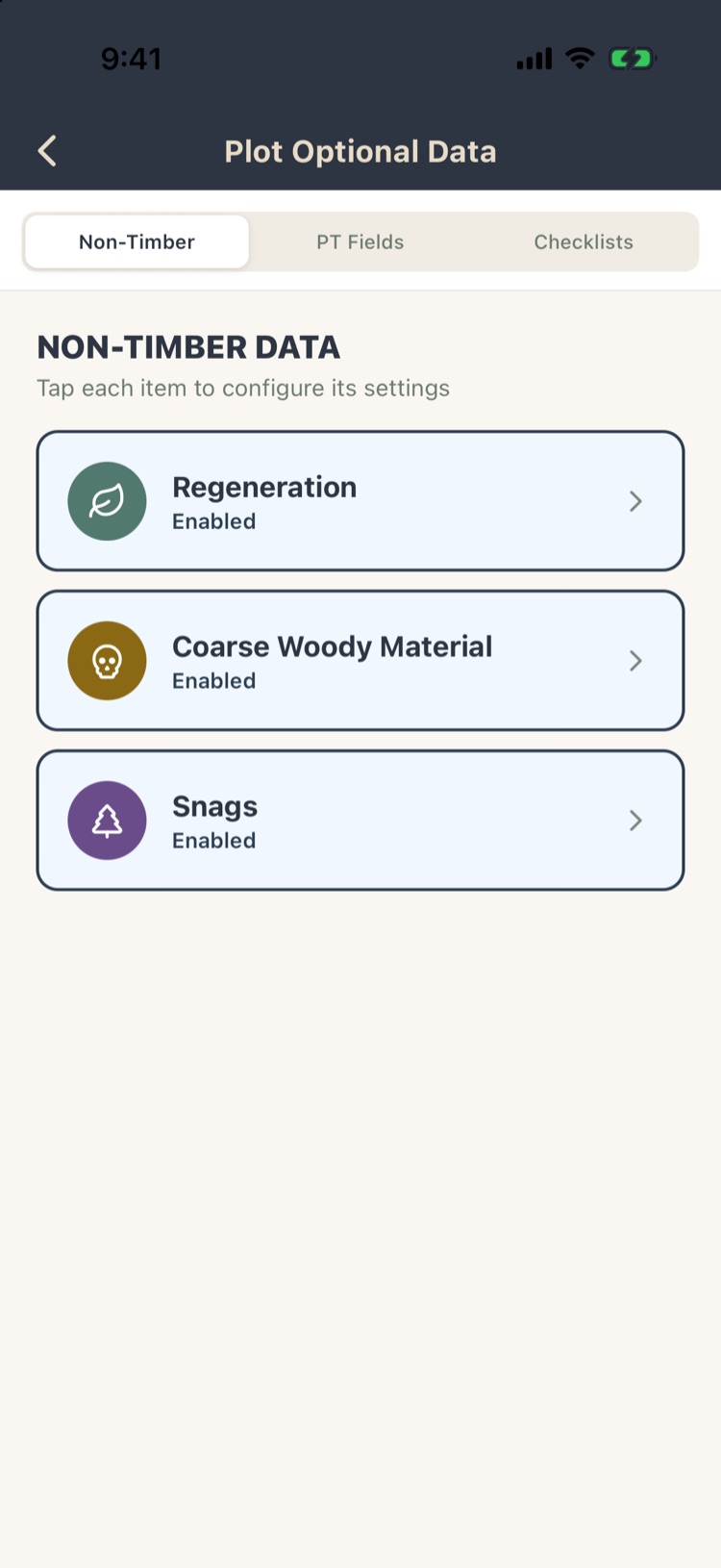 Plot Optional Data Non-Timber tab with Regeneration, Coarse Woody Material and Snags enabled