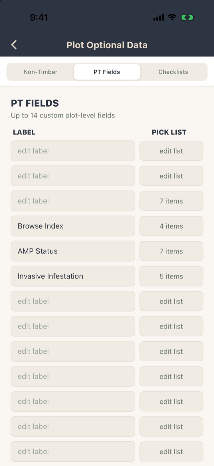 PT Fields list with Browse Index, AMP Status and Invasive Infestation and empty slots