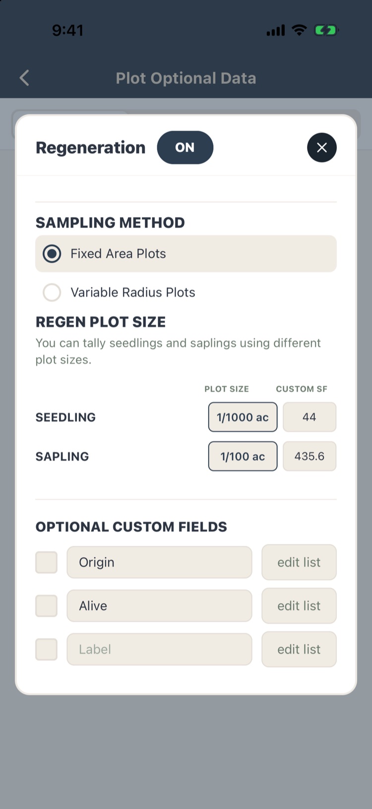 Regeneration settings: fixed area plots, 1/1000 acre seedling and 1/100 acre sapling plots, custom fields Origin and Alive