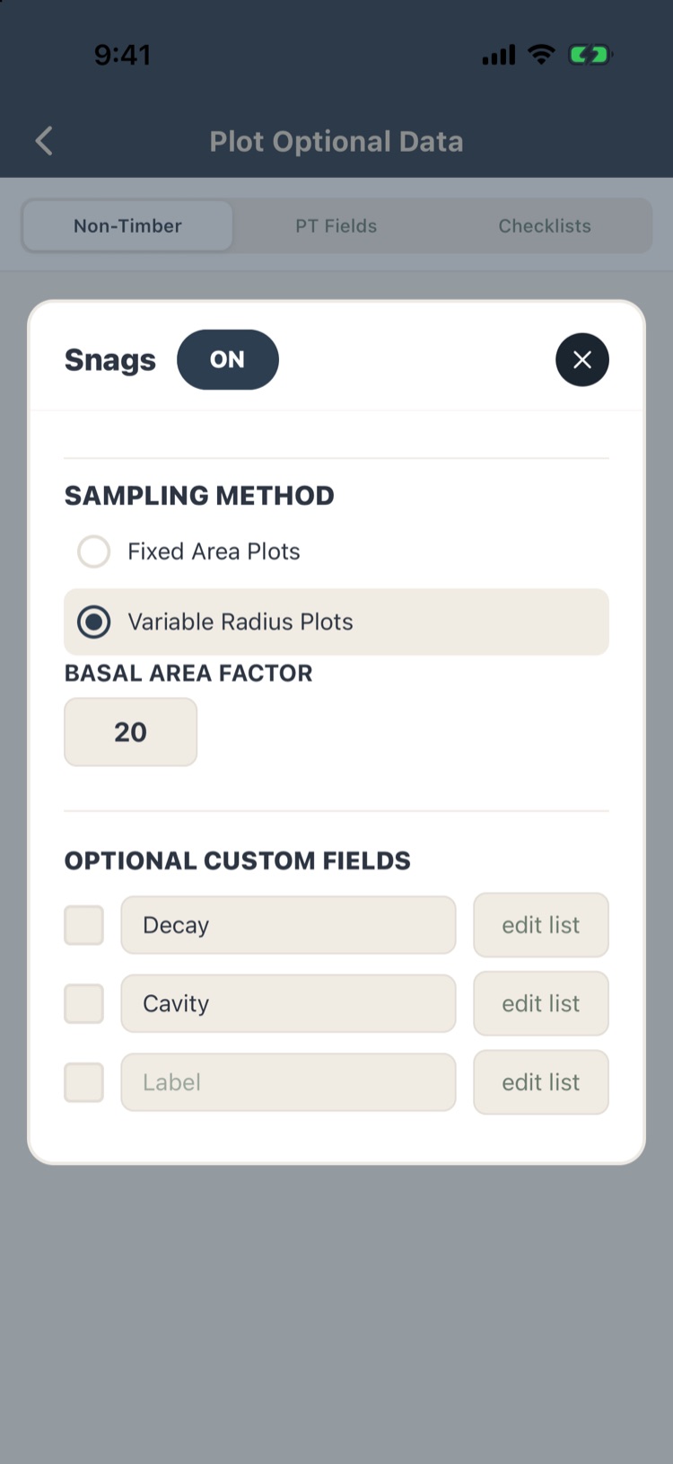 Snag settings: variable radius BAF 20, custom fields Decay and Cavity