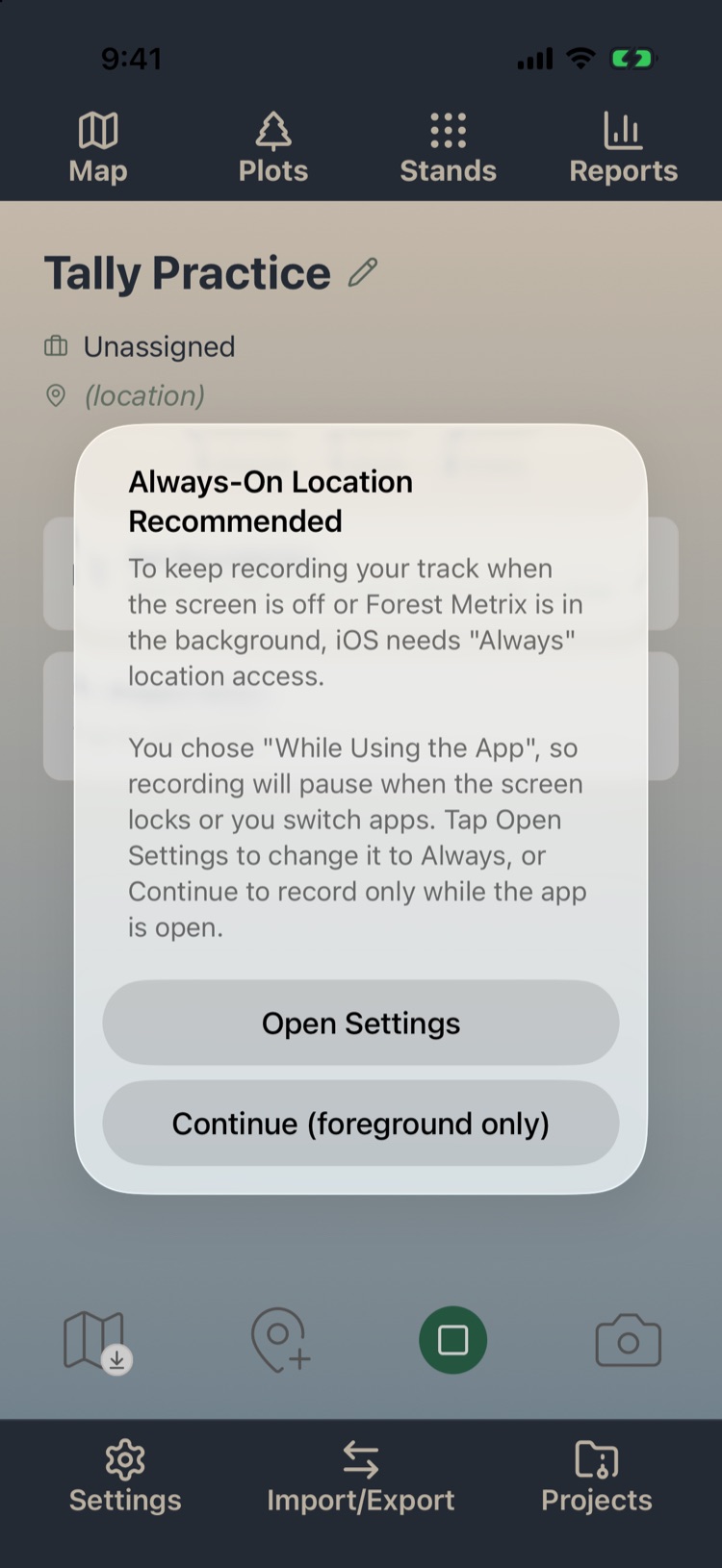 Always-On Location Recommended alert with Open Settings and Continue (foreground only)