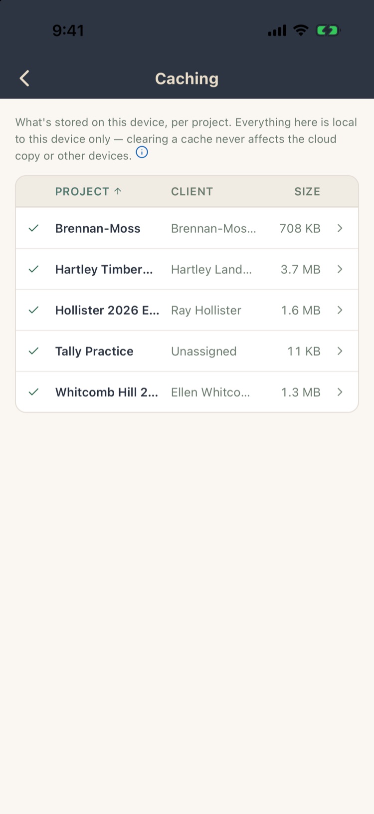 Caching screen listing five projects with client and size