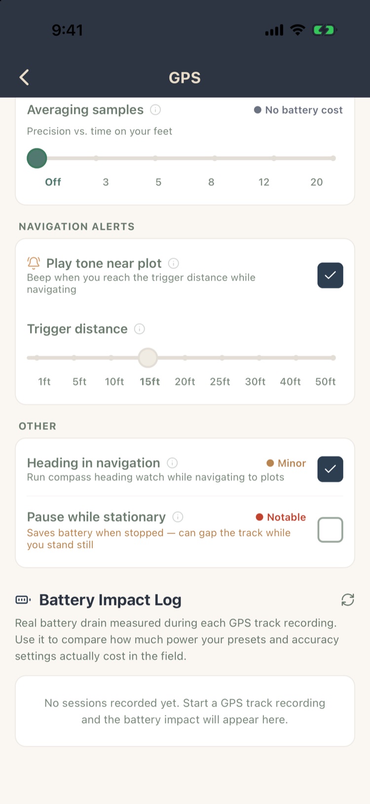 Averaging samples, navigation alerts, heading, pause while stationary and battery impact log