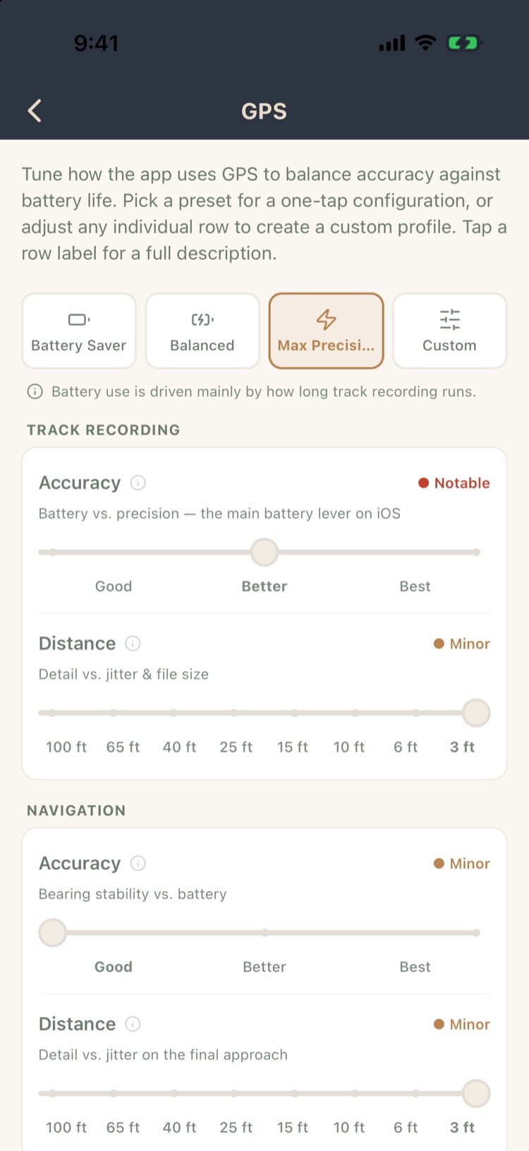 GPS settings with presets and track recording accuracy and distance sliders