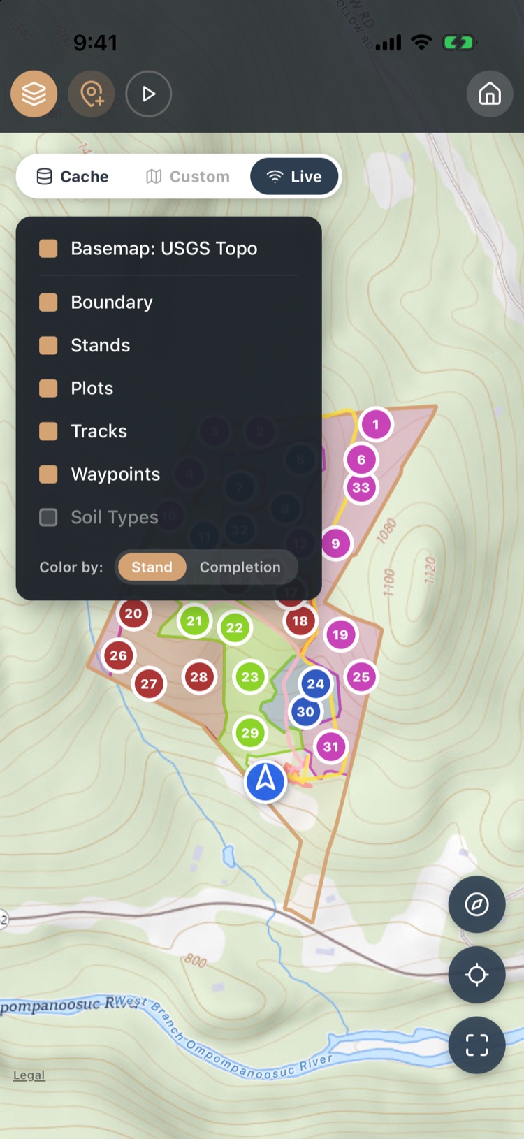 Layers menu with basemap, boundary, stands, plots, tracks, waypoints, soil types and color by stand or completion