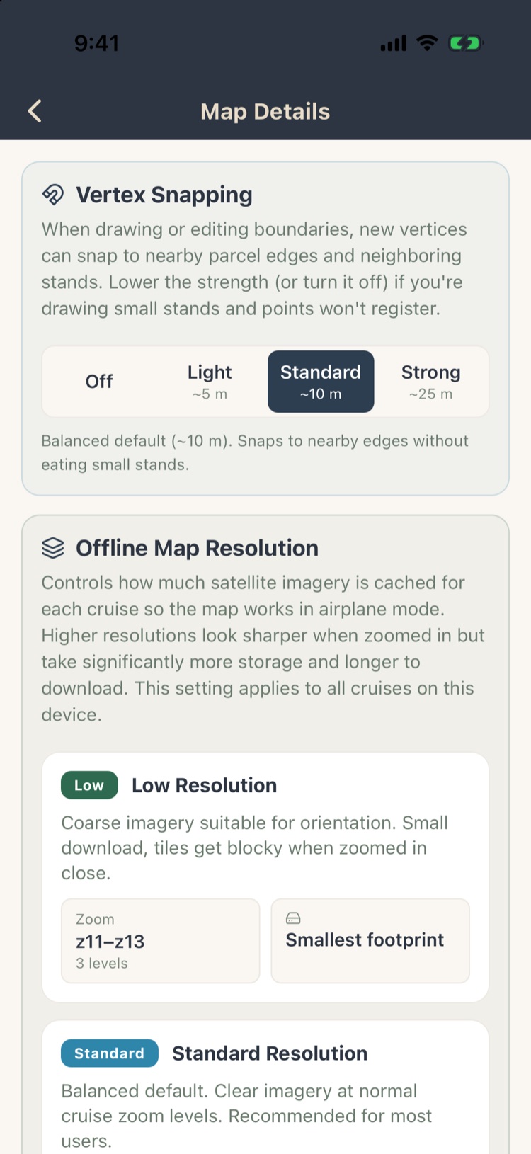 Map Details with vertex snapping and offline map resolution options