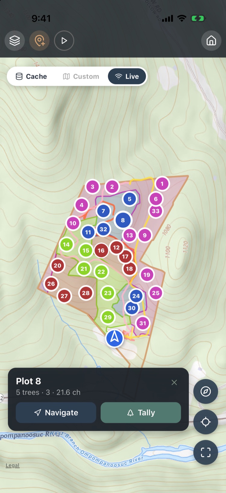 Plot 8 card: 5 trees, 21.6 chains away, with Navigate and Tally buttons