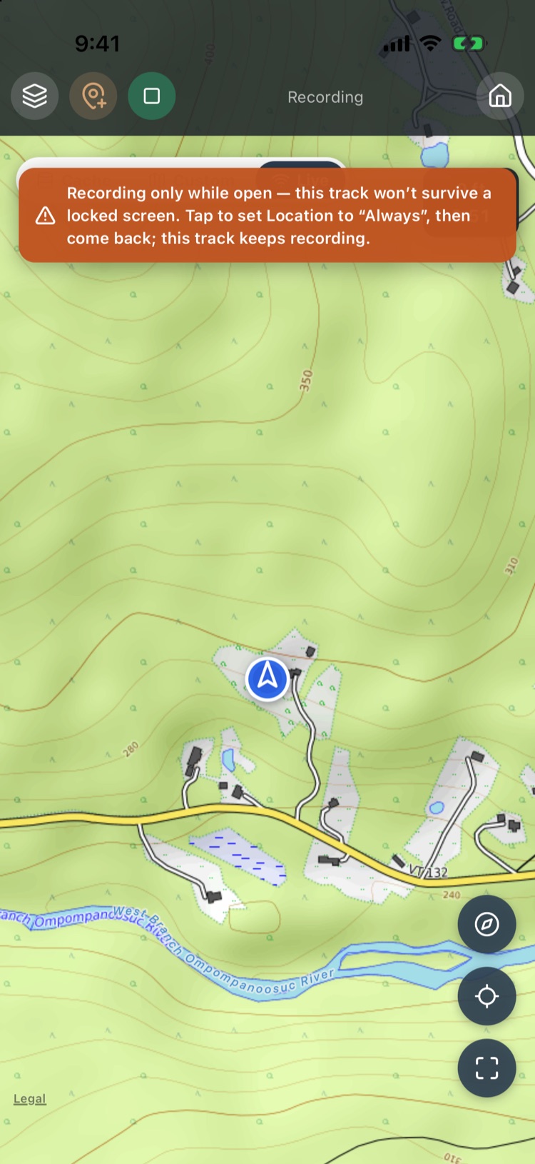 Map while recording with an orange banner: recording only while open