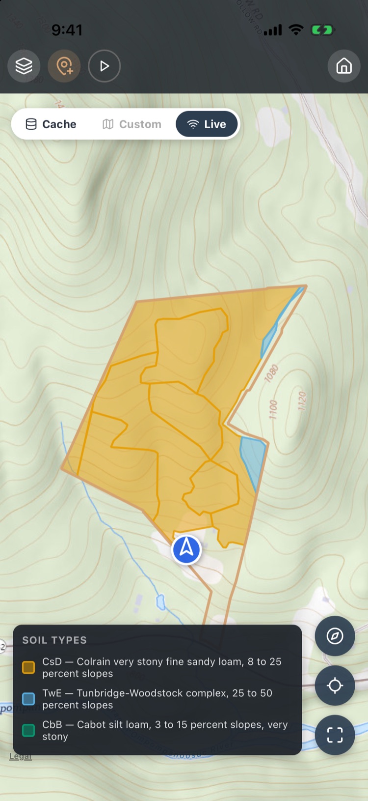 Whitcomb Hill with the soil layer on: Colrain, Tunbridge-Woodstock and Cabot soils, with a legend