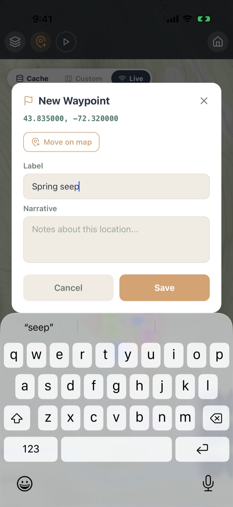 New Waypoint sheet with coordinates 43.835000, -72.320000, Move on map, label Spring seep, narrative, Cancel and Save