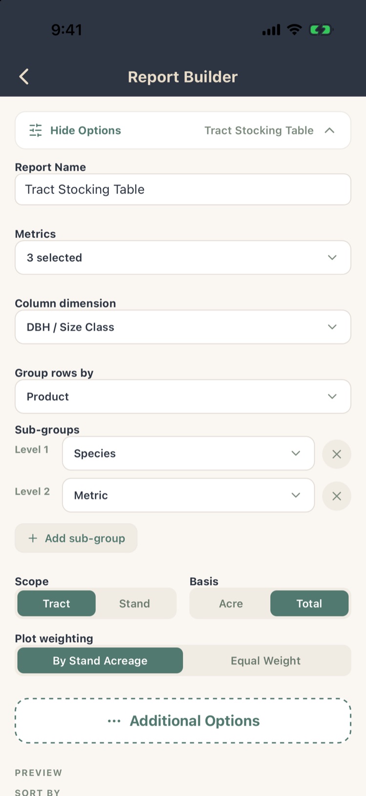 Report Builder options: name, metrics, column dimension, group rows by, sub-groups, scope, basis, plot weighting