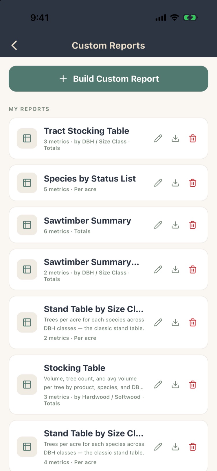 Custom Reports list with Build Custom Report and saved reports