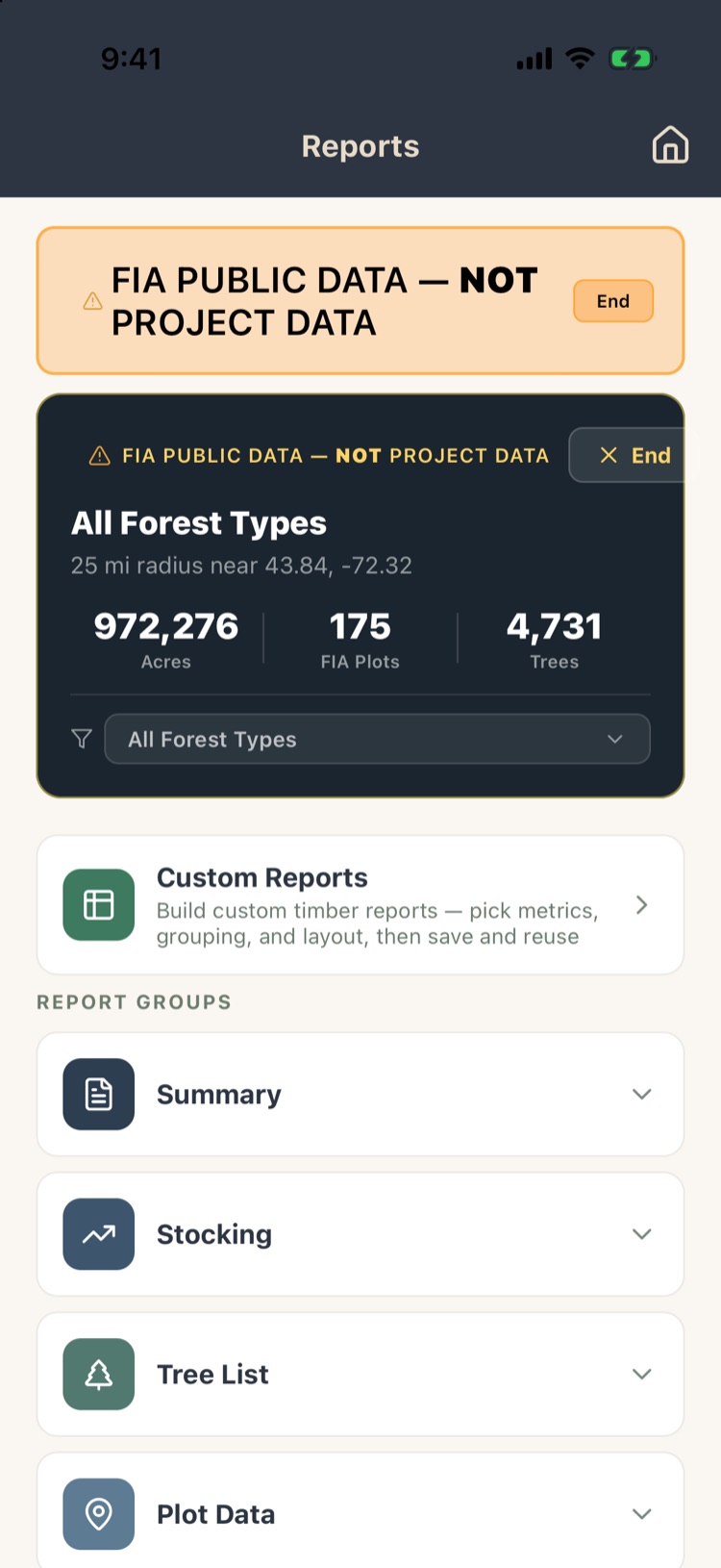 Reports in FIA mode: banner FIA public data, not project data, with End; 972,276 acres, 175 FIA plots, 4,731 trees and a forest-type filter