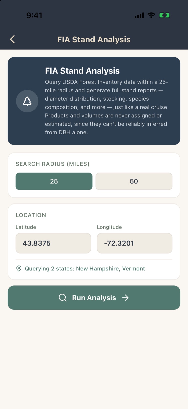 FIA Stand Analysis: 25 or 50 mile radius, latitude 43.8375 and longitude -72.3201, querying New Hampshire and Vermont, Run Analysis