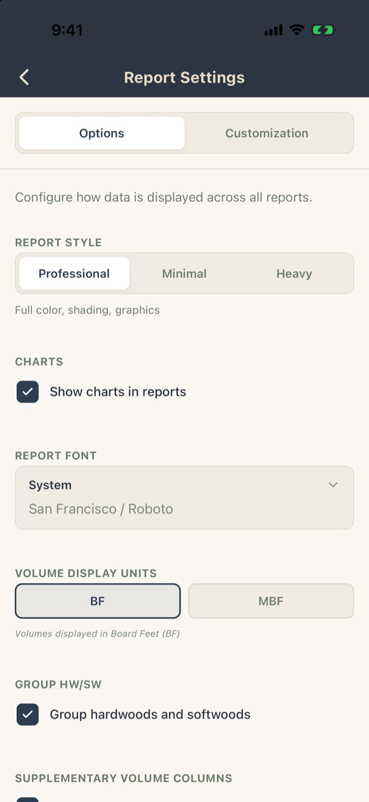 Report Settings Options tab with report style, charts, font, volume units and group HW/SW