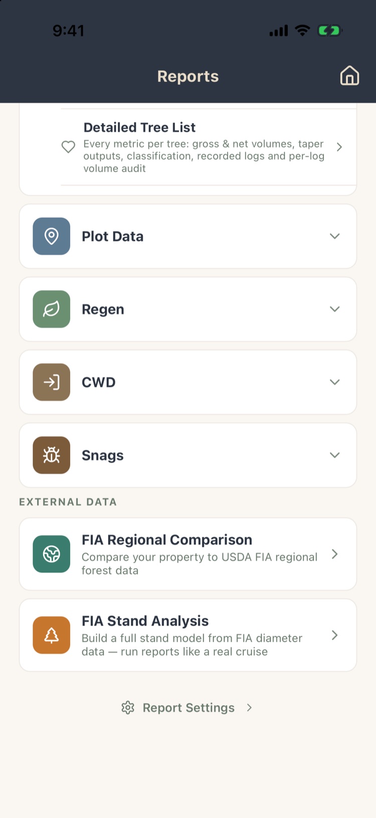Lower part of the Reports screen with Plot Data, Regen, CWM, Snags, External Data and Report Settings