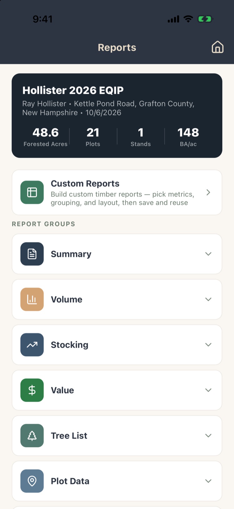Reports screen with a summary card for Hollister 2026 EQIP and report groups