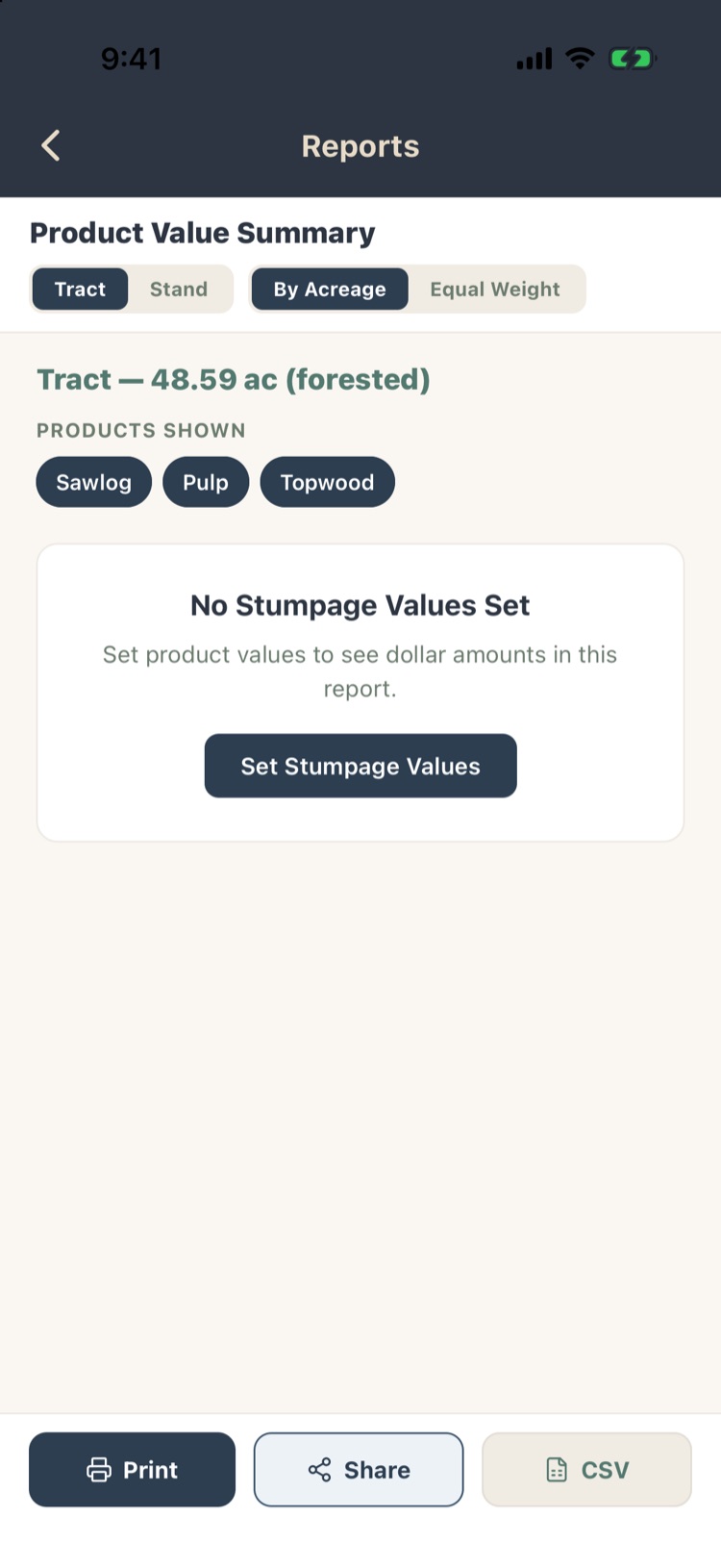 Product Value Summary with No Stumpage Values Set and a Set Stumpage Values button