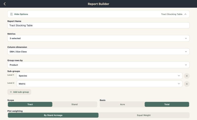 Report Builder in a web browser with options: report name, metrics, column dimension, row grouping, sub-groups, scope, basis and plot weighting