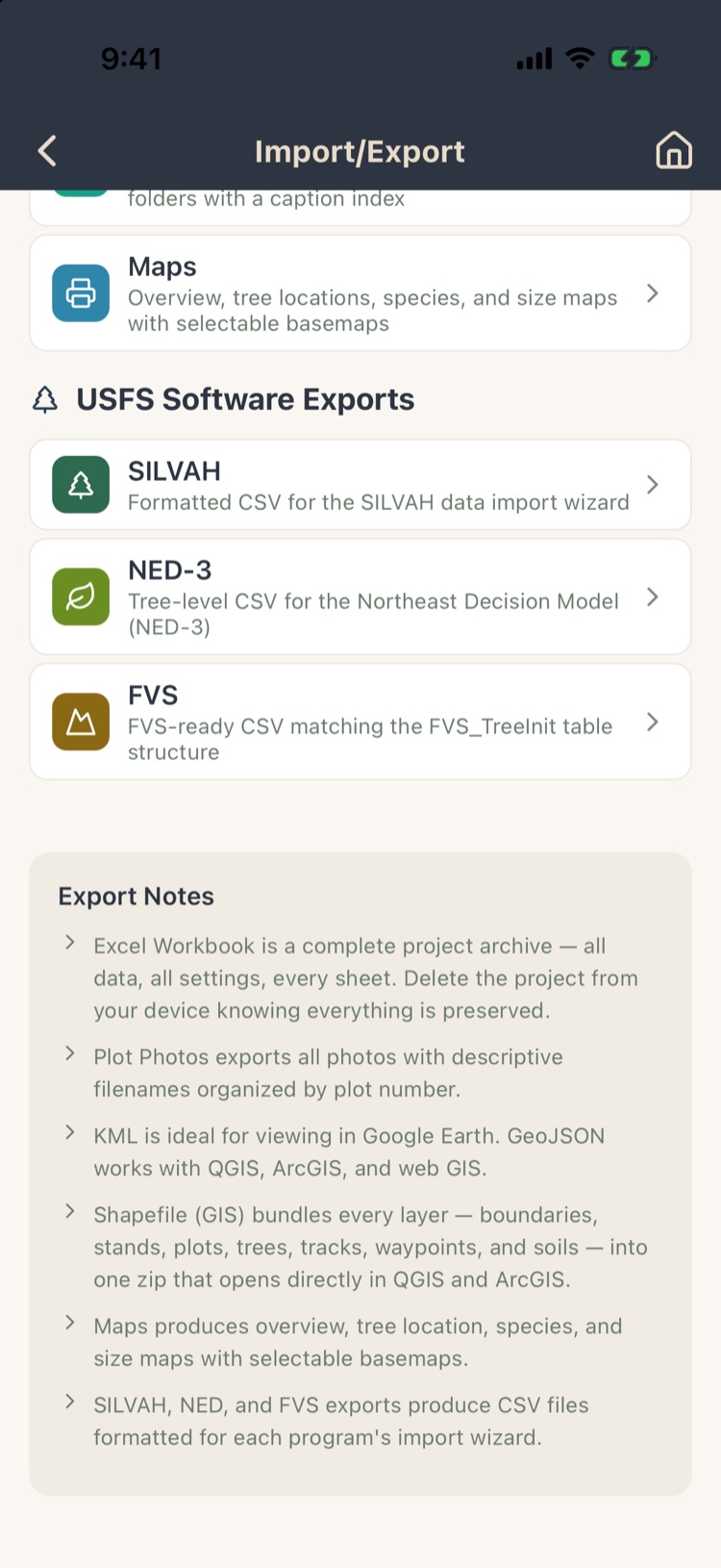 Maps, USFS software exports SILVAH, NED-3 and FVS, and export notes